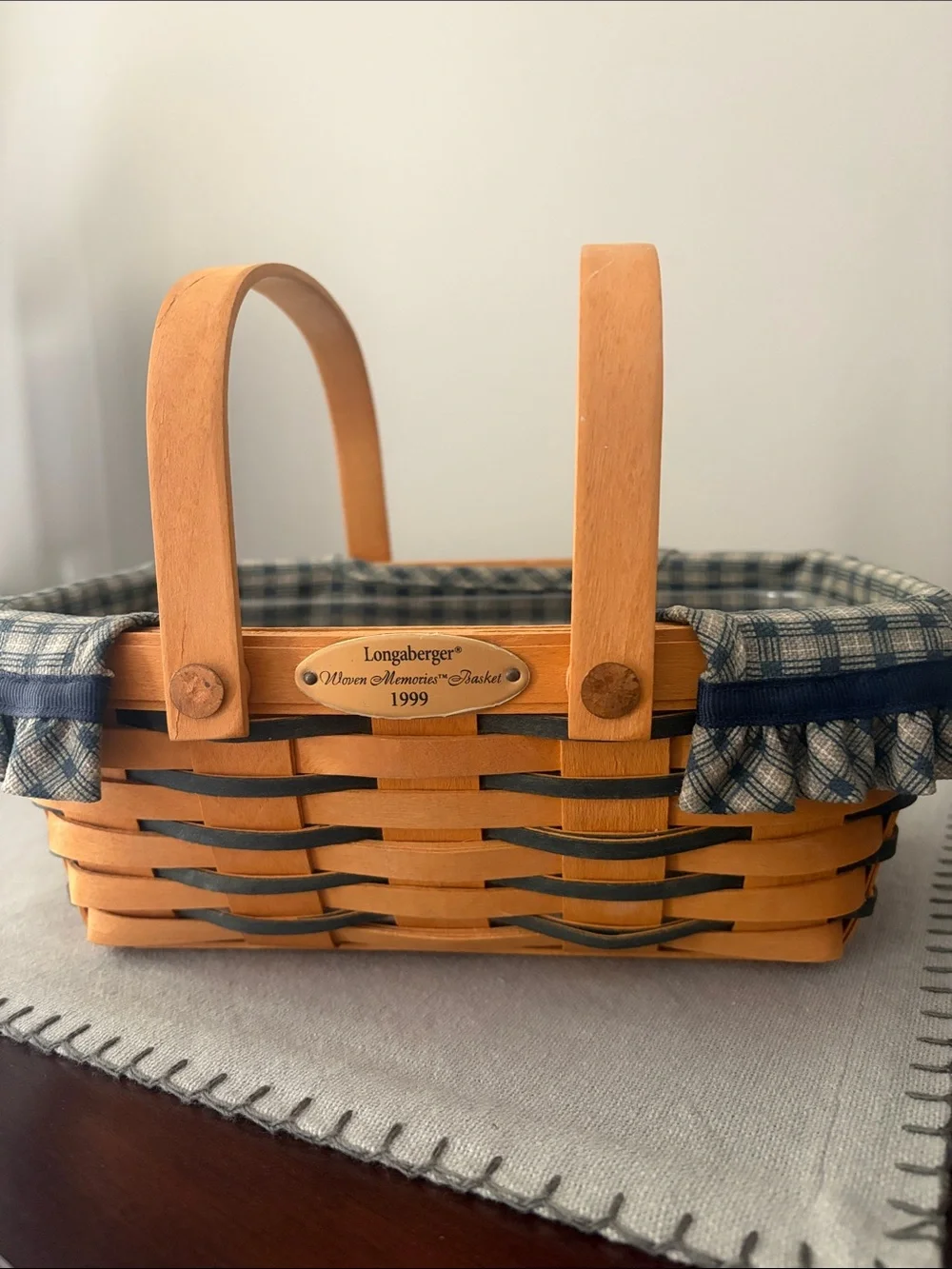 Longaberger Natural Wood Basket with Blue Plaid Liner
